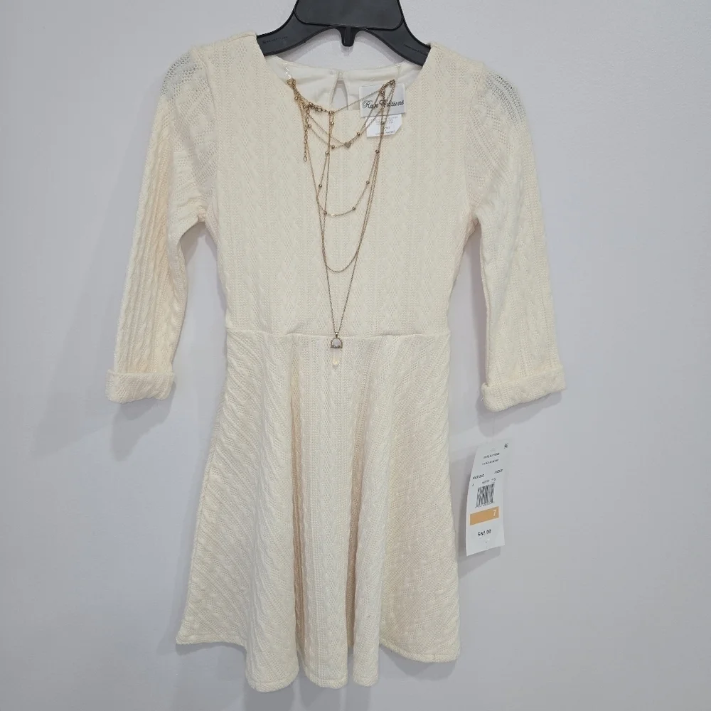 Rare Eitions Girls Knit Fit and Flare Dress with Necklace Size 7 Ivory NWT